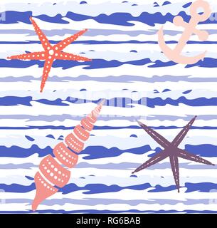 Marine striped seamless pattern con conchiglie, stelle marine e ancore. Eps vettoriali 10 Illustrazione Vettoriale