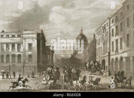 Reino Unido. Inglaterra. Londres. Inferiore Extremo de San Martin's Le Grand, con la Oficina de Correos y la Catedral de San Paolo (San Pablo). Grabado por Giovanni Bosco (fl.1835-1855) a partir de una composición de Hablot Knight Browne (1815-1882) ("Phiz') y Robert Garland. "Di Londra e dintorni", h. 1840 (Londres y sus Alrededores). Biblioteca Histórico Militar de Barcelona, Cataluña, España. Foto Stock