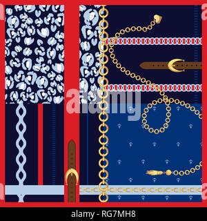 Foulard di seta oro catene e cinghie di fashion design di vettore. Illustrazione Vettoriale