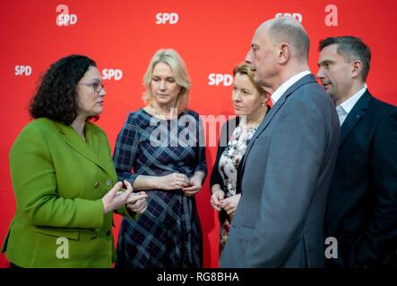 Berlino, Germania. 28 gen, 2019. Andrea Nahles (l-r), parlamentare leader del partito del DOCUP e SPD leader, parlerà all'inizio del DOCUP della riunione del consiglio di amministrazione di Willy Brandt House, a fianco del Meclemburgopomerania occidentale del Ministro Presidente Manuela Schwesig (SPD), Franziska Giffey (SPD), Ministro federale per gli Affari familiari, cittadini anziani, donne e giovani, Wolfgang Tiefensee, Ministro della Turingia di economia e scienza e Martin Dulig, Saxon Ministro dell'Economia, del lavoro e dei trasporti. Credito: Kay Nietfeld/dpa/Alamy Live News Foto Stock