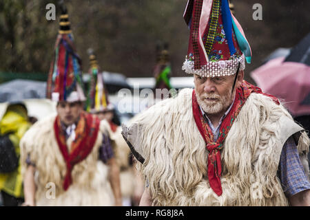 Ituren, Navarra, Spagna. 28 gen, 2019. Partecipante del tradizionale carnevale Ituren vestito come ''joaldunak'' marciando per le strade del villaggio. Credito: Celestino Arce Lavin/ZUMA filo/Alamy Live News Foto Stock