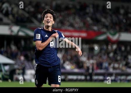 Il Giappone Genki Haraguchi festeggia dopo aver segnato il suo team il terzo obiettivo durante il 2019 AFC Asian Cup semi-finale di partita di calcio tra Iran e Giappone a Hazza bin Zayed Stadium di Al Ain, Emirati Arabi Uniti, 28 gennaio 2019. Credito: Toshihiro Kitagawa/AFLO/Alamy Live News Foto Stock