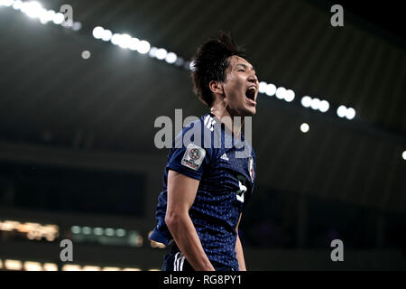 Il Giappone Genki Haraguchi festeggia dopo aver segnato il suo team il terzo obiettivo durante il 2019 AFC Asian Cup semi-finale di partita di calcio tra Iran e Giappone a Hazza bin Zayed Stadium di Al Ain, Emirati Arabi Uniti, 28 gennaio 2019. Credito: Toshihiro Kitagawa/AFLO/Alamy Live News Foto Stock