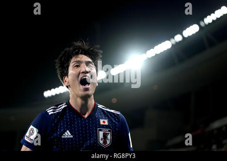 Il Giappone Genki Haraguchi festeggia dopo aver segnato il suo team il terzo obiettivo durante il 2019 AFC Asian Cup semi-finale di partita di calcio tra Iran e Giappone a Hazza bin Zayed Stadium di Al Ain, Emirati Arabi Uniti, 28 gennaio 2019. Credito: Toshihiro Kitagawa/AFLO/Alamy Live News Foto Stock