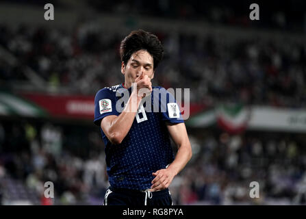 Il Giappone Genki Haraguchi festeggia dopo aver segnato il suo team il terzo obiettivo durante il 2019 AFC Asian Cup semi-finale di partita di calcio tra Iran e Giappone a Hazza bin Zayed Stadium di Al Ain, Emirati Arabi Uniti, 28 gennaio 2019. Credito: Toshihiro Kitagawa/AFLO/Alamy Live News Foto Stock