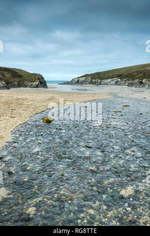 Un piccolo fiume che scorre attraverso la spiaggia con la bassa marea presso l'appartato Polly Porth scherzo cove in Newquay Cornwall. Foto Stock