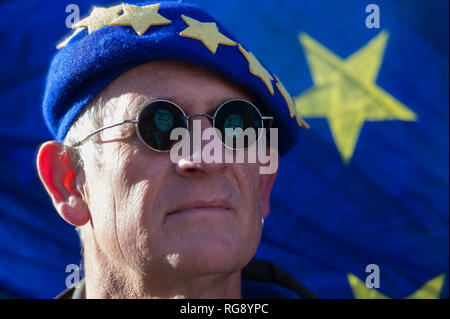 Un arresto Brexit segno si riflette in un uomo di bicchieri come egli indossa un berretto con i colori della bandiera dell'Unione europea al di fuori della sede del parlamento di Londra. Foto Stock