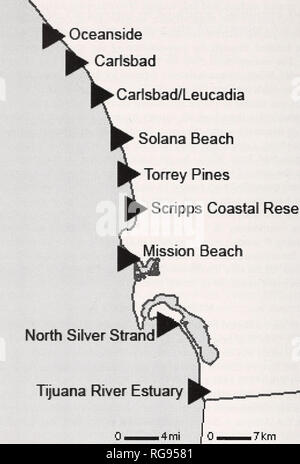 . Bollettino - il sud dell'Accademia delle Scienze della California. La scienza. 146 SUD DELLA ACCADEMIA DELLE SCIENZE DELLA CALIFORNIA Oceanside Carlsbad Carlsbad/Leucadia Solaoa Beach Tbrrey Pini Scripps Coastal Reser¥e. La Mission Beach a nord Silver S Tijuana Fiume Estyary Fig. 1. Mappa di circa 32° nord, 117° west, che mostra le posizioni dei nove luoghi di raccolta. Elencate da nord a sud, le posizioni sono Oceanside (OS), Carlsbad (CB), Carlsbad/ Leucadia (C/L), Solana Beach (SB), Torrey Pines (TP), Scripps riserva costiera (SCR), Mission Beach (MB), Nord Silver Strand (NSS), e Tijuana estuario del fiume (TRE). Popu Foto Stock