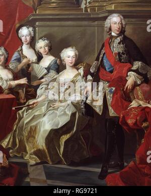 CARLOS III REY DE ESPAÑA. MADRID 1716-1788 'LA FAMILIA DE Felipe V' OLEO DE VAN LOO DETALLE CARLOS III Y MARIA AMALIA DE SAJONIA MUSEO DEL PRADO. MADRID. Autore: LOO, LOUIS MICHEL VAN (1707-1771). Foto Stock