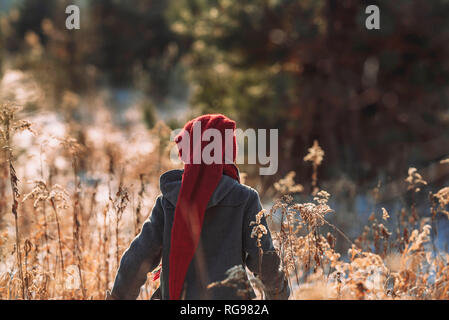 Ragazzo camminando in un campo in inverno, Stati Uniti Foto Stock