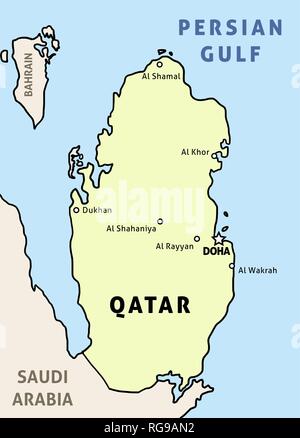 Mappa di Qatar. Profilo illustrazione mappa del paese con le principali città. Illustrazione Vettoriale
