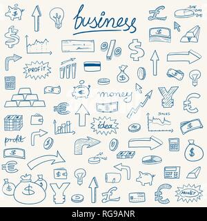 Icone di business - doodle illustrazione dello stile con il denaro, valute e finanziare i simboli di oggetto. Illustrazione Vettoriale