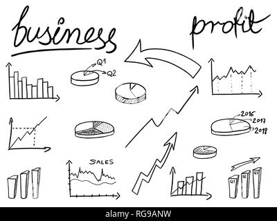 I grafici finanziari doodle illustrazione - abbozzato stile dei grafici a barre e i grafici a torta. Gli oggetti business. Illustrazione Vettoriale