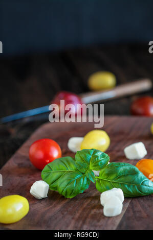 Fresco dal giardino di basilico e cimelio di pomodori con mozzarella per insalata caprese, cibo italiano e una sana dieta vegetariana concetto, oltre a r Foto Stock