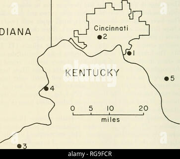 . Bollettini di American paleontologia. 46 Bollettino 296 ) ^ mi INDIANA OHIO. Text-fig. 10. Località di Cincinnaticrinus varibrachialus raccolti in con- nection con questo studio. I numeri si riferiscono alle località descritte nel testo.. Si prega di notare che queste immagini vengono estratte dalla pagina sottoposta a scansione di immagini che possono essere state migliorate digitalmente per la leggibilità - Colorazione e aspetto di queste illustrazioni potrebbero non perfettamente assomigliano al lavoro originale. Ricerca paleontologico istituzione (Ithaca, N. Y. ); Columbia University. Ithaca, N. Y. , Paleontologico Istituto di ricerca [ecc. ] Foto Stock