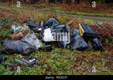 Illegale di fly-ribaltamento in ambiente rurale del Norfolk, campagna, UK. Il nero dei sacchi di rifiuti domestici e materiali aggiuntivi. Foto Stock