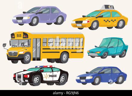 Set di veicoli giocattolo. Macchine speciali, auto della polizia, auto, bus di scuola, autobus. Toy Cars. Illustrazione Vettoriale Illustrazione Vettoriale