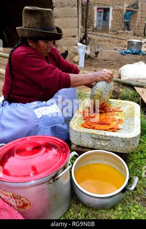 La macinazione Ají Pañca peruviana pepe rosso sulla pietra in Huashao - Parco Nazionale HUASCARA. Dipartimento di Ancash.PERÙ Foto Stock