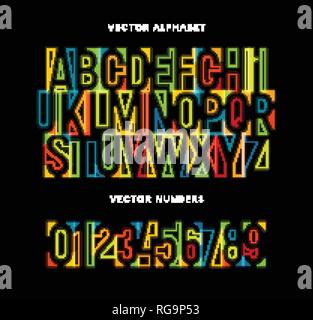 Colorato lettere e numeri impostati. Vettore colorato alfabeto latino. Rainbow colore font. Neon geometriche linee incandescente ABC. Lo spazio negativo monogram e Illustrazione Vettoriale