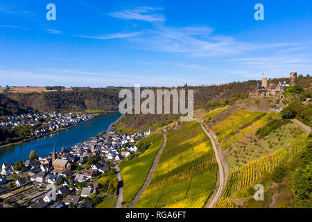 In Germania, in Renania Palatinato, Mayen-Koblenz, Moselle, città Alken con Castello Thurant, vigneti Foto Stock