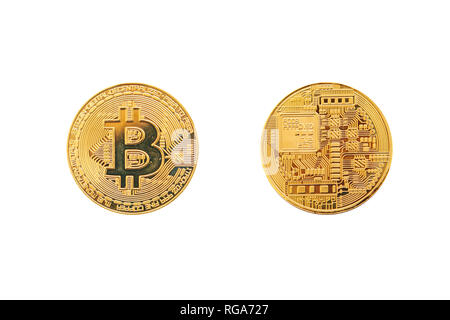 Un set di bitcoin monete dal lato anteriore e posteriore è isolato su uno sfondo bianco. Cryptocurrency Foto Stock