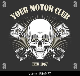 Cranio umano e il motociclo di pistoni con posto per il vostro testo. Motor Club emblema in stile tatuaggio. Illustrazione Vettoriale. Illustrazione Vettoriale