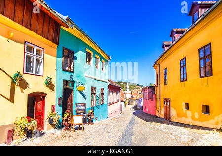 Sighisoara, Romania: Famosi lastricato in pietra vecchie strade con case colorate in la medievale città-fortezza Foto Stock