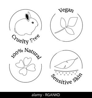 Set di vettore di logo design template, le icone e i badge per naturale e cosmetici biologici - crudeltà gratuita, stile di disegno Illustrazione Vettoriale