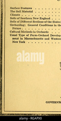 . Bollettino dell'U.S. Dipartimento di Agricoltura. Agricoltura; l'agricoltura. Washington, D. C. Aprile 5, 1915 i suoli del Massachusetts e CONNECTICUT CON PARTICOLARE RIFERIMENTO ALLE MELE E PESCHE da Henry J. WILDER, scienziato nel sondaggio del suolo le caratteristiche di superficie del materiale di suolo suoli clima del sud del New England . . I Suoli di diverse sezioni degli stati . Orcharding; Condizioni Generali in futuro metodi culturali in frutteti . . Tipo usuale di sviluppare Farm-Orchard- mento in Massachusetts e New York occidentale. Contenuto relativa produzione di mele in Sud- ern Nuova Inghilterra 35 Relazione di Soi Foto Stock