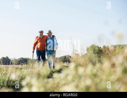 Due vecchi amici facendo una passeggiata attraverso i campi, parlando di vecchi tempi Foto Stock