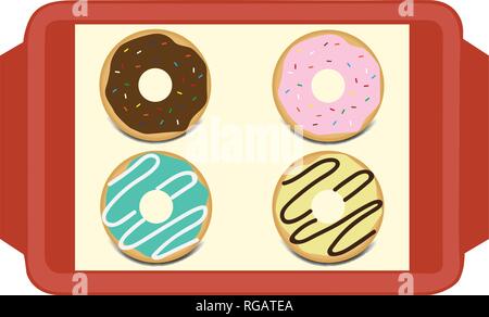 Set di dolci ciambelle vetrata con topping sul rosso vettore vassoio Illustrazione Vettoriale