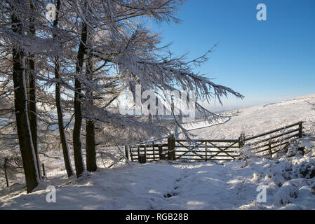 Cancello in un paesaggio innevato nelle colline del nord dell'Inghilterra. Il percorso che conduce alla cava Knarr, Tintwistle, Derbyshire, in Inghilterra. Foto Stock