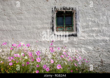 Dipinto di bianco di facciata di una casa tradizionale dentro la città murata con una finestra e fiori Foto Stock