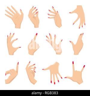Mani femminili gesti. Vettori mano azienda e puntamento, toccare e mostrando il pas, donna di diversi segnali di armi Illustrazione Vettoriale