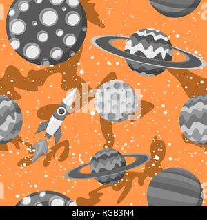 Cartoon spazio piatto con il grigio pianeti vector seamless pattern su sfondo di sabbia Illustrazione Vettoriale