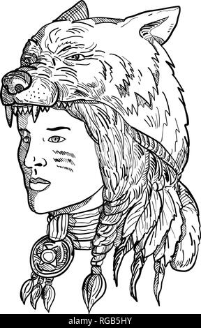 Disegno stile sketch illustrazione di un nativo americano donna che indossa un copricapo di lupo, copricapo o headwear guardando al lato in bianco e nero su isol Illustrazione Vettoriale