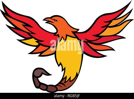 Icona di mascotte illustrazione di Phoenix con una coda di scorpione e velenosa stinger battenti e salendo se visto dalla parte anteriore su sfondo isolato in retr Illustrazione Vettoriale