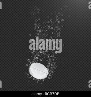 Compresse solubili nel liquido con bolle. Illustrazione realistica. Il processo di dissoluzione. Illustrazione Vettoriale