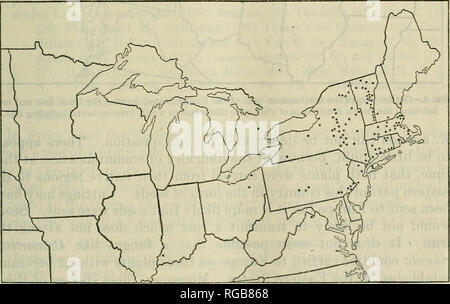 . Bollettino dell'U.S. Dipartimento di Agricoltura. Agricoltura; l'agricoltura. I'ig. 7.-Outline mappa del nord-est degli Stati Uniti, sho";-tng (da punti neri) la distribuzione nota di colore bianco-pine blister rust in Nord America e incluso 1913.. Fig. 8.-OutUno mappa del nord-est degli Stati Uniti, sho%viug (da nero: punti e tratteggio incrociato) la distribuzione nota di whito-pine bUster ruggine nel nord ^Vmerica e inclusa la 1914. Il tratteggio incrociato in questo e nei seguenti mappe indica le aree che arc generalmente infettato. Impianto di interesse per noi è elencato come Ribe Foto Stock