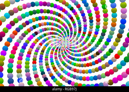 3D rendering di sfere multicolore formando un vortice-come struttura a spirale, su sfondo bianco. Foto Stock