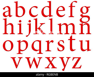 Set di alfabeto inglese lettere in minuscolo, rosso, isolati su sfondo bianco, 3d illustrazione Foto Stock