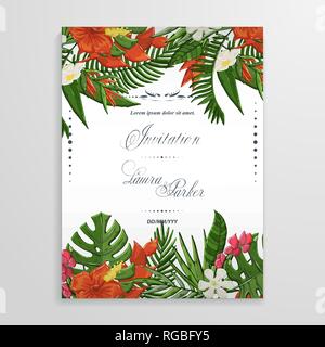 Invito a nozze con fiori tropicali e foglie Illustrazione Vettoriale