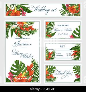 Invito a nozze con fiori tropicali e foglie Illustrazione Vettoriale