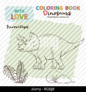 Libro da colorare Triceratops con pianta e pietra.Jurassic fauna selvatica. Illustrazione Vettoriale