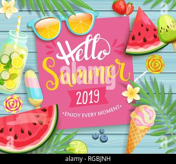 Ciao estate 2019 Carta rosa o banner. Illustrazione Vettoriale