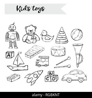Vettore di disegnare a mano i giocattoli per bambini impostato in stile doodle,isolate su un bianco Illustrazione Vettoriale