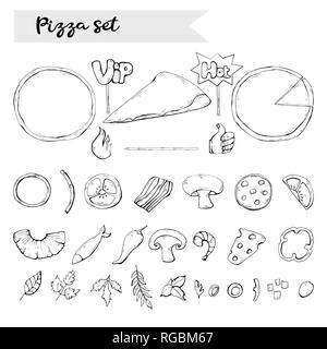 Vettore set pizza,raccolta su white.Pizza ingrediente silhouette nera. Illustrazione Vettoriale