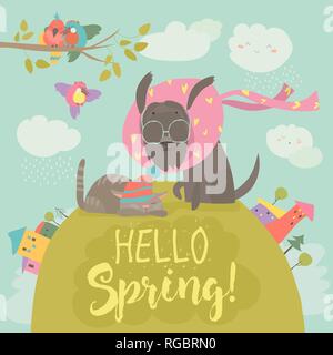 Funny dog e cute cat incontro molla Illustrazione Vettoriale