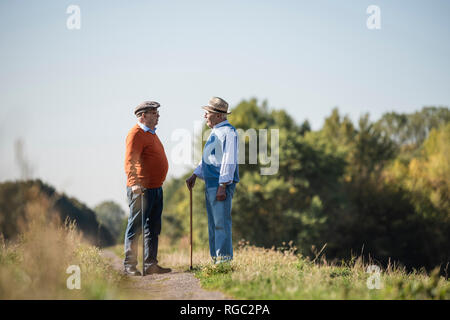 Due vecchi amici in piedi nei campi, parlando di vecchi tempi Foto Stock