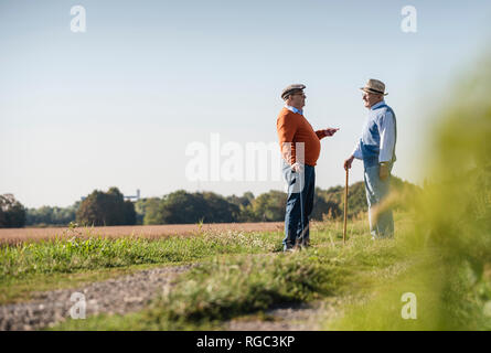 Due vecchi amici in piedi nei campi, parlando di vecchi tempi Foto Stock